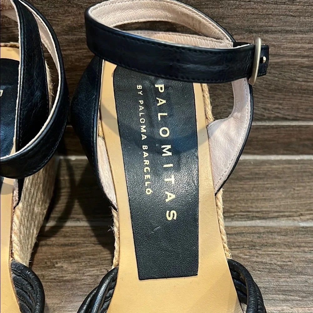 Palomitas Brand Leather Black Wedge Espadrilles with Ankle Strap